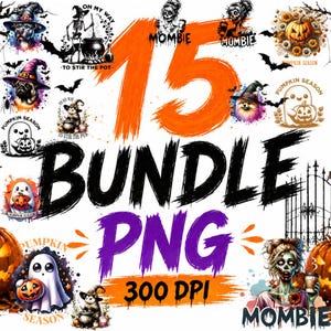 Paquete de Halloween con 15 diseños PNG: Mamá Zombie, Fantasma de la Temporada de Calabazas, Esqueleto Revolviendo la Olla
