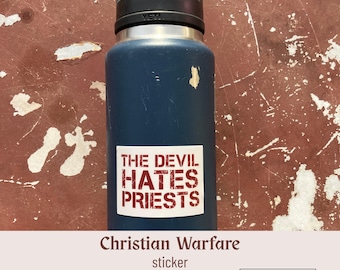De duivel heeft een hekel aan priesters | Traditionele christelijke oorlogssticker | Selecteer een kleurencombinatie