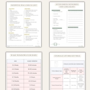 K&ouml;nnte beinhalten: Ein Satz druckbarer Checklisten und Ratgeber mit dem Titel "Prepare for Baby Full Bundle". Enth&auml;lt Listen f&uuml;r Krankenhaus-Taschen-Essentials, Erinnerungen nach der Geburt, Baby-Wachfenster und Richtlinien zur Aufbewahrung von Muttermilch. Die Dokumente sind in einem weichen, neutralen Farbschema gehalten.