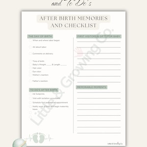 K&ouml;nnte beinhalten: Ein druckbares "After Birth Memories and Checklist". Das Design zeigt &Uuml;berschriften wie "Der Tag der Geburt" und "To Do's After Birth". Eine Babyrassel und Fu&szlig;abdr&uuml;cke befinden sich in der unteren linken Ecke. Der Text ist in einer weichen, eleganten Schriftart.