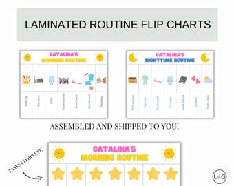 May include: Laminated routine flip charts with morning and nighttime routines. The morning chart includes tasks like waking up, making the bed, and brushing teeth. The nighttime chart includes tasks like putting on pajamas and reading a book.
