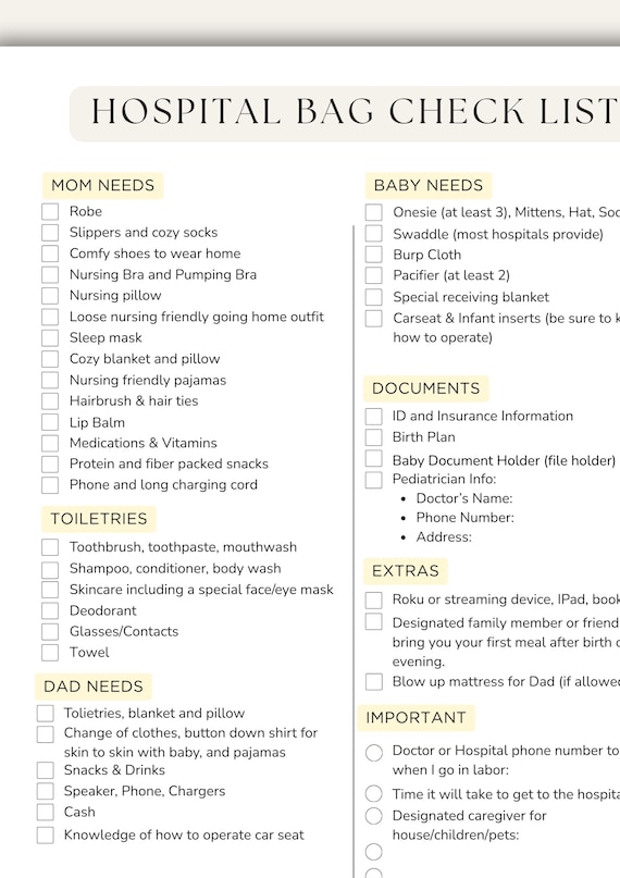 Hospital Bag Checklist: Baby, Mom & Dad - Printable Maternity Planner (PDF Download)