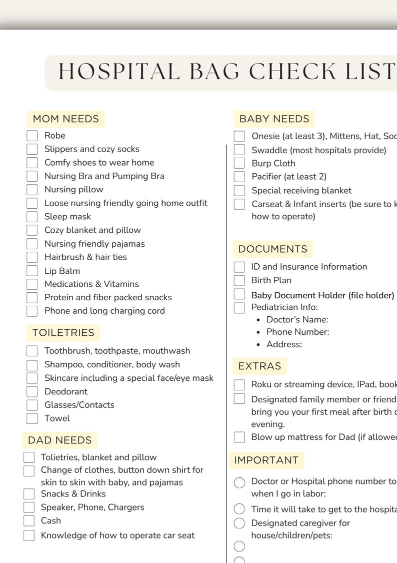 K&ouml;nnte beinhalten: Eine Checkliste mit dem Titel "HOSPITAL BAG CHECK LIST" mit Abschnitten f&uuml;r Mama, Baby, Dokumente, Extras und Papa. Die Liste enth&auml;lt Artikel wie Toilettenartikel, Kleidung und wichtige Kontaktinformationen. Der Text ist in einer einfachen, gut lesbaren Schriftart.