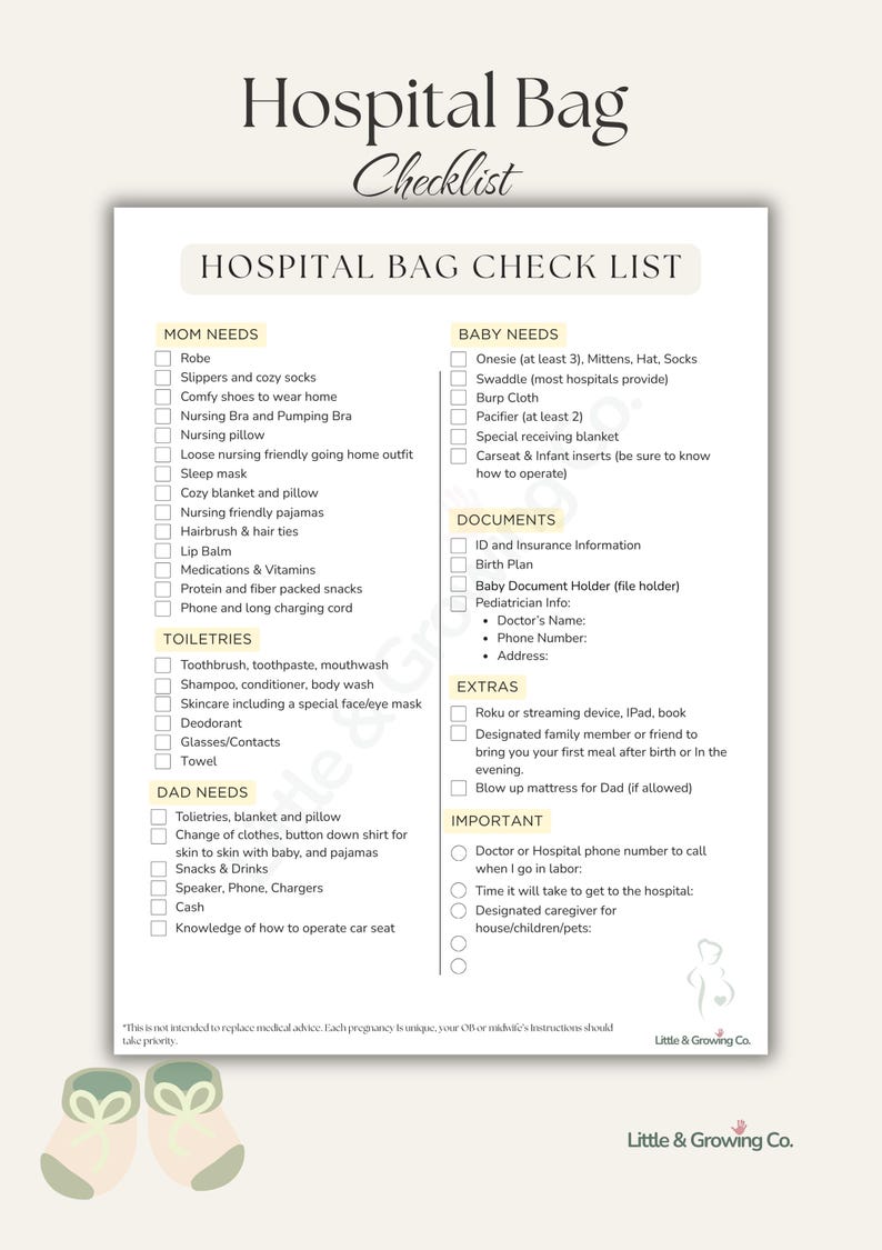 K&ouml;nnte beinhalten: Eine Checkliste f&uuml;r die Krankenhaustasche mit Abschnitten f&uuml;r Mama, Baby, Papa, Toilettenartikel, Dokumente und Extras. Die Liste enth&auml;lt Artikel wie Pyjamas, Toilettenartikel und Babyausstattung. Der untere Teil des Bildes zeigt das Logo "Little & Growing Co."