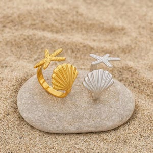 Handmade seashell & starfish ring, adjustable, dainty and stylish. Perfect summer jewelry and a meaningful gift for him or her