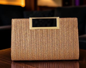 Woven Clutch Bag Straw Style Gold Chain Evening Bag