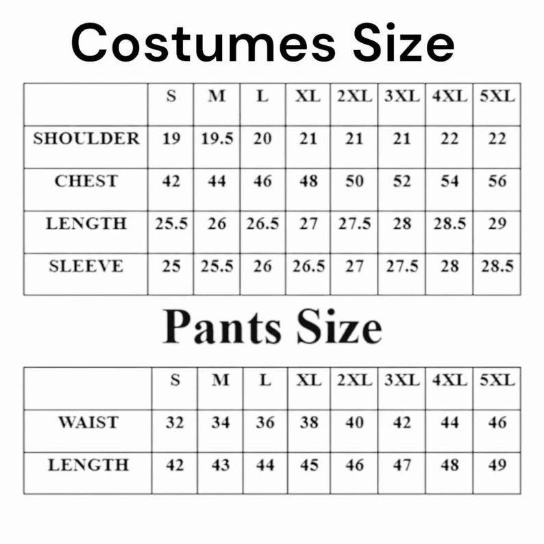 May include: A size chart for costumes and trousers, with measurements in inches. The chart includes sizes S through 5XL, detailing shoulder, chest, length, sleeve, waist, and length measurements for each size. The text "Costumes Size" and "Pants Size" are at the top.
