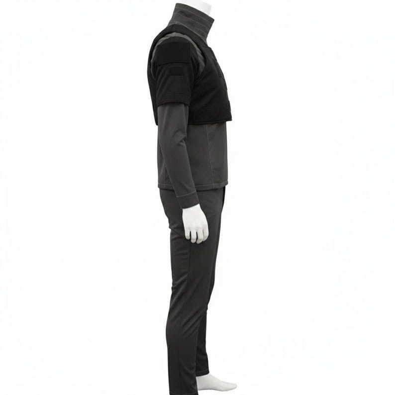 May include: A black outfit comprising a mock turtleneck long-sleeved top, a cropped vest, and matching trousers. The vest features a square design on the shoulders. The outfit is displayed on a mannequin against a white backdrop.