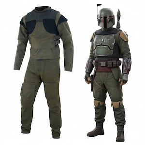 May include: Two-piece olive green costume with a matching helmet. The costume on the left has a jacket with a dark blue shoulder piece and matching pants. The costume on the right has a helmet, chest armor, and a utility belt.