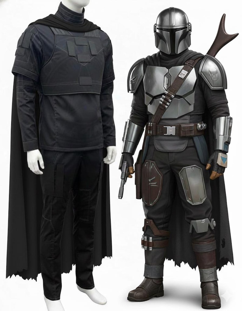 May include: Two full-body costumes on mannequins. One is a black outfit with a cape and a chest plate. The other is a silver and black Mandalorian costume with a helmet, armor, and a blaster pistol.