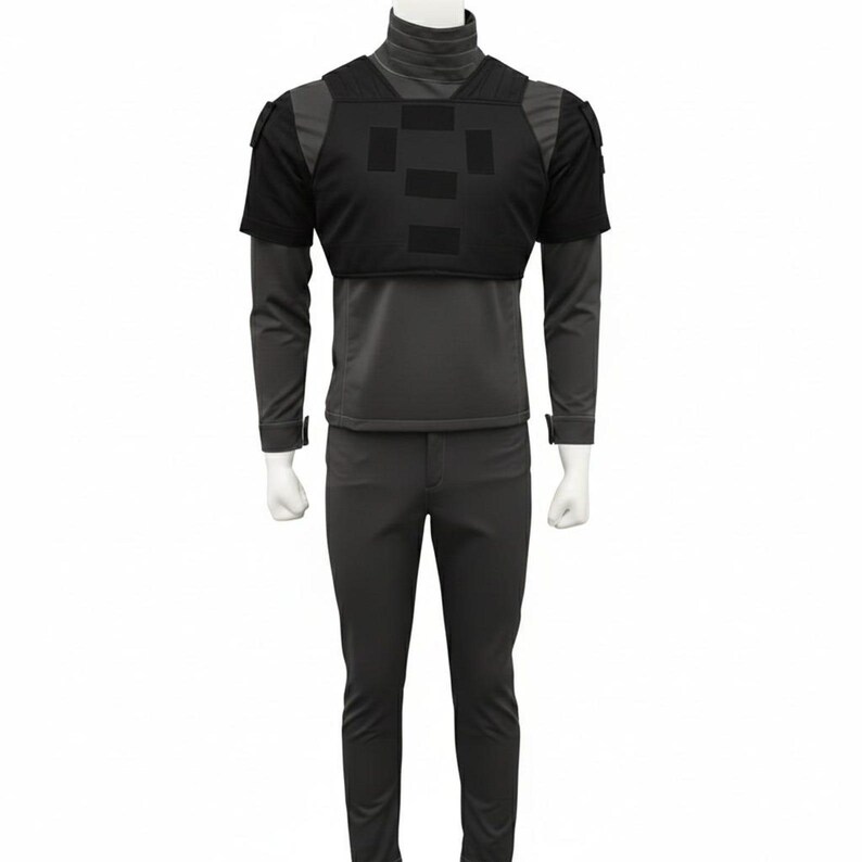 May include: A black tactical vest with a short-sleeved top, worn over a long-sleeved shirt and matching trousers. The vest has a modular design with multiple attachment points. The outfit is displayed on a mannequin.