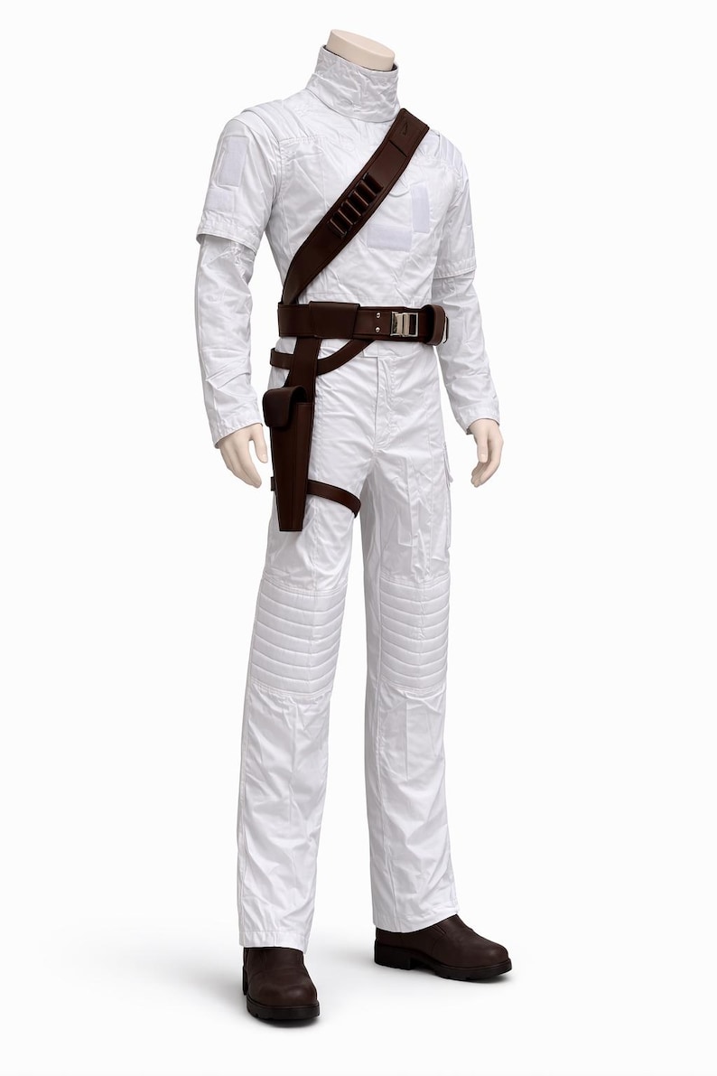 May include: A white jumpsuit with a high collar, brown leather belt, and holster. The costume features quilted details on the pants and a brown shoulder strap. Brown boots complete the outfit, displayed on a mannequin.