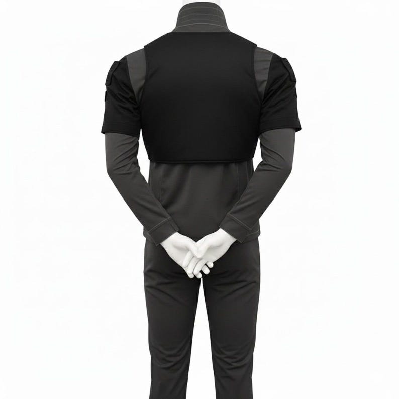 May include: Black vest with short sleeves and shoulder details, worn over a long-sleeved grey shirt. The model is wearing matching grey trousers. The hands are clasped in front. The outfit is displayed against a white background.