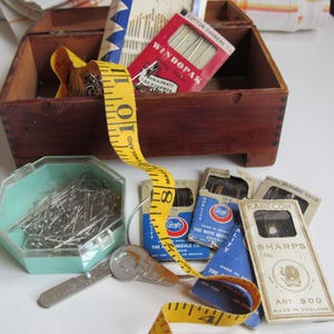 Vintage Sewing Supplies--needles, pins, threader, tape measure in wooden box