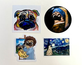 Pug Stickers| Starry Night| Pug Ross| Pug with Pearl Earring| Watercolor Pug