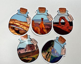 Utah National Park Stickers, Canyonlands, Capital Reef, Zion, Bryce, Arches.