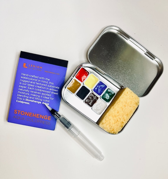 Watercolor Travel Kit, Medium 100% Cotton Cold Press Book, Canvas Bag,  Compact Palette, Pentel Water Brush, Ceramic Mixing Dish, Artist Gift 