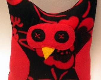 Owl Pillow Fleece Black and Red Floral Print