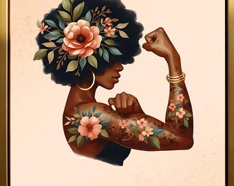 Empowering Black Woman Art Print: Floral Crown, Self-Love Quote (Digital Download 8x10)