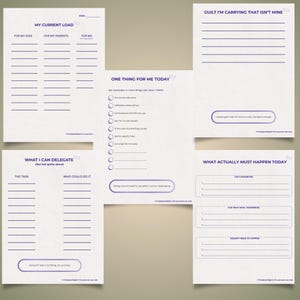 May include: A set of printable planner pages with a light beige background and purple text. The pages include sections for daily tasks, delegating tasks, and managing current responsibilities. The text includes "My Current Load" and "What Actually Must Happen Today."