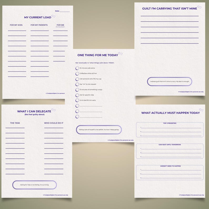 May include: A set of printable planner pages with a light beige background and purple text. The pages include sections for daily tasks, delegating tasks, and managing current responsibilities. The text includes "My Current Load" and "What Actually Must Happen Today."