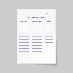 May include: A white planner page with the text "MY CURRENT LOAD" in purple. The page is divided into sections for kids, parents, and self, with lines for notes. Includes the text "FredajeanDigital | For personal use only."