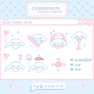 May include: A pixelated graphic featuring a collection of animated mouse cursors in a light blue and pink color scheme. The cursors depict a cartoon character in various poses, along with the text "cinnamon mouse cursor" and "cinno.exe".