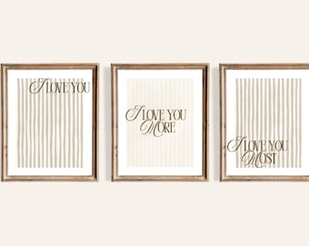 Conjunto de 3 quadros de parede "Eu te amo" – Estampas minimalistas em bege e marrom – Eu te amo mais, eu te amo mais – Decoração neutra