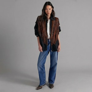 Cowgirl Suede Leather Jacket, Western Fringe Jacket Men, Vintage Handmade Embroidered Coat, 70s Retro Ranch Boho Biker Outerwear