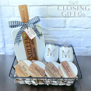 Custom Closing Gift Basket | Housewarming Gift for New Home | Engraved Cutting Board, Coasters & Wine Tumblers | Realtor Client Gift