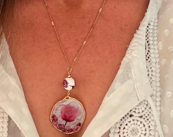 Echte geperste kersenbloesem rozenkwartsketting • Harshanger, zilveren ketting