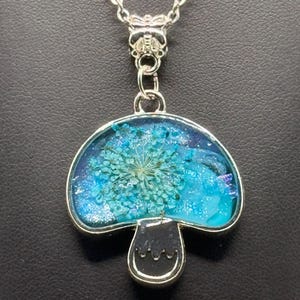 Blue Resin Mushroom Necklace, Real Dried Flower Pendant, Silver Tone Woodland Jewelry
