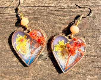 Handgemaakte hangoorbellen van hars met bloemen | Gouden rand, 3D-bloemen