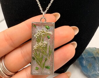 Real Dried Wildflower Resin Necklace, Silver Botanical Pendant, Glitter Garden Jewelry