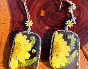 Daisy Fern Earrings, Clear Resin Dangles, Silver Dewdrop Accents