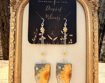 Örhängen med äkta prästkrageharts – Geometriska fyrkantiga och triangulära hängande örhängen – Retro blommiga statement-smycken