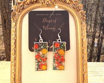 Rechthoekige oorbellen van 3D-hars met bloemen – Mixed media glas en geperste bloemen – Lichtgewicht statement-oorbellen
