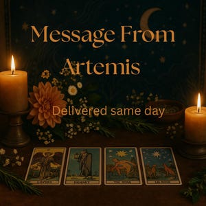 May include: An image featuring tarot cards with the words "Lovers", "Hermit", "The Star", and "Lie Noon". The image also includes two lit candles, flowers, and the text "Message From Artemis" and "Delivered same day".