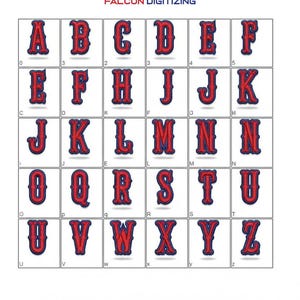 May include: A full alphabet of embroidered letters in a bold, collegiate style. Each letter is red with a blue outline, set against a white background. The image includes the text "FALCON DIGITIZING" and a graphic of a red and blue eagle.