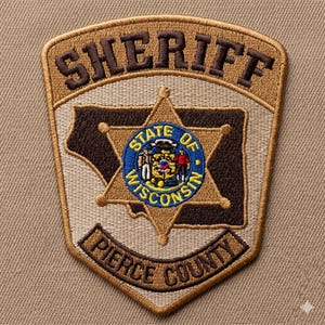 May include: Embroidered Sheriff patch featuring the text "SHERIFF" at the top. The patch includes a brown outline of the state of Wisconsin, a gold star with a blue circle in the center, and the text "STATE OF WISCONSIN". The bottom of the patch reads "PIERCE COUNTY".
