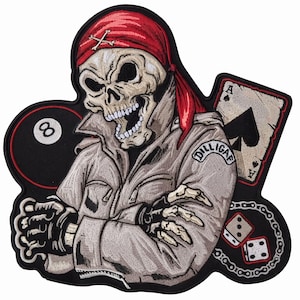 May include: An embroidered patch featuring a skull wearing a red bandana and a light gray jacket. The skull has crossed bones on the bandana and the text DILLIGAF on the sleeve. It is surrounded by an 8-ball, an ace of spades card, and dice.