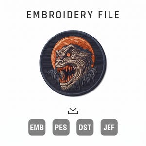 Werewolf Full Moon Patch Embroidery Design, Horror Monster Circle Machine File, Spooky Halloween Wolf Embroidered Motif (Digital File)