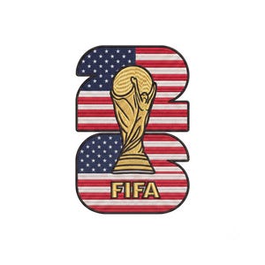 May include: An embroidered patch shaped like the number 26, featuring the United States flag pattern in red, white, and blue. A gold-colored FIFA World Cup trophy is centered over the design, with the word FIFA printed in gold at the bottom.