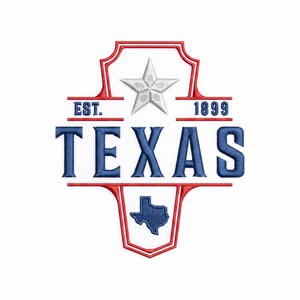 Peut inclure: Un emblème brodé présentant une forme de bouclier au contour rouge avec une étoile blanche à cinq branches en haut. Le texte EST. 1899 apparaît en bleu, suivi du mot TEXAS en grandes lettres bleues et d'une petite carte du Texas en bleu.