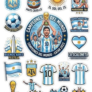 Puede incluir: Una colección de pegatinas troqueladas con temas de fútbol argentino, incluyendo a Lionel Messi levantando la copa del mundo, el logo de la AFA, Diego Maradona, la bandera argentina, balones, camisetas con el número 10 y varios textos festivos.