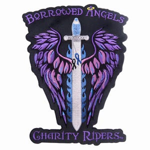 May include: A black embroidered patch featuring the text BORROWED ANGELS at the top and CHARITY RIDERS at the bottom in purple. The center displays a silver sword with a blue hilt, purple wings, blue flames, and two small ribbons in black and blue.