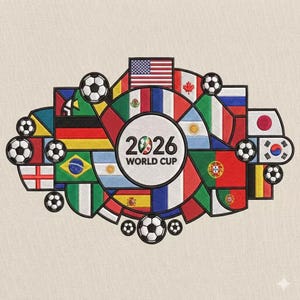 May include: Embroidered design featuring the text "2026 WORLD CUP" surrounded by soccer balls and flags of various nations. The American flag is prominently displayed, along with flags from Canada, Mexico, and other countries.