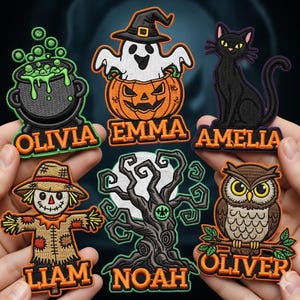 May include: Embroidered Halloween patches featuring a black cat, ghost in a pumpkin, cauldron, scarecrow, owl, and a tree with a full moon. Each patch has a name in orange lettering: Olivia, Emma, Amelia, Liam, Noah, and Oliver.