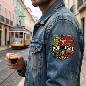 Könnte beinhalten: Eine blaue Jeansjacke mit einem großen gestickten Aufnäher am Ärmel. Der Aufnäher zeigt den Text PORTUGAL, 2026, und die Grafik eines Fußballspielers im roten Trikot mit der Nummer 7, neben der portugiesischen Flagge und einem Pokalsymbol.