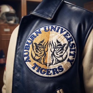Puede incluir: Una chaqueta universitaria azul marino y crema con un gran parche bordado circular en el pecho. El parche muestra el texto Auburn University Tigers y un gráfico de cara de tigre dividida en hilo dorado y blanco sobre un fondo circular.